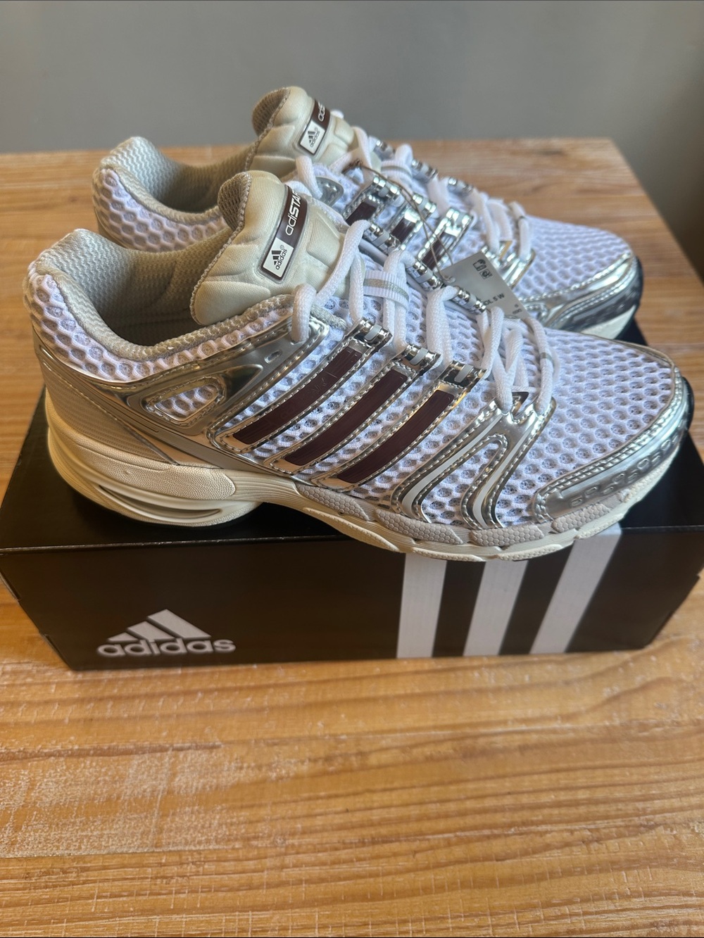 Adidas Women’s AdiStar Control White and Silver Mesh Sneakers with Maroon Stripe